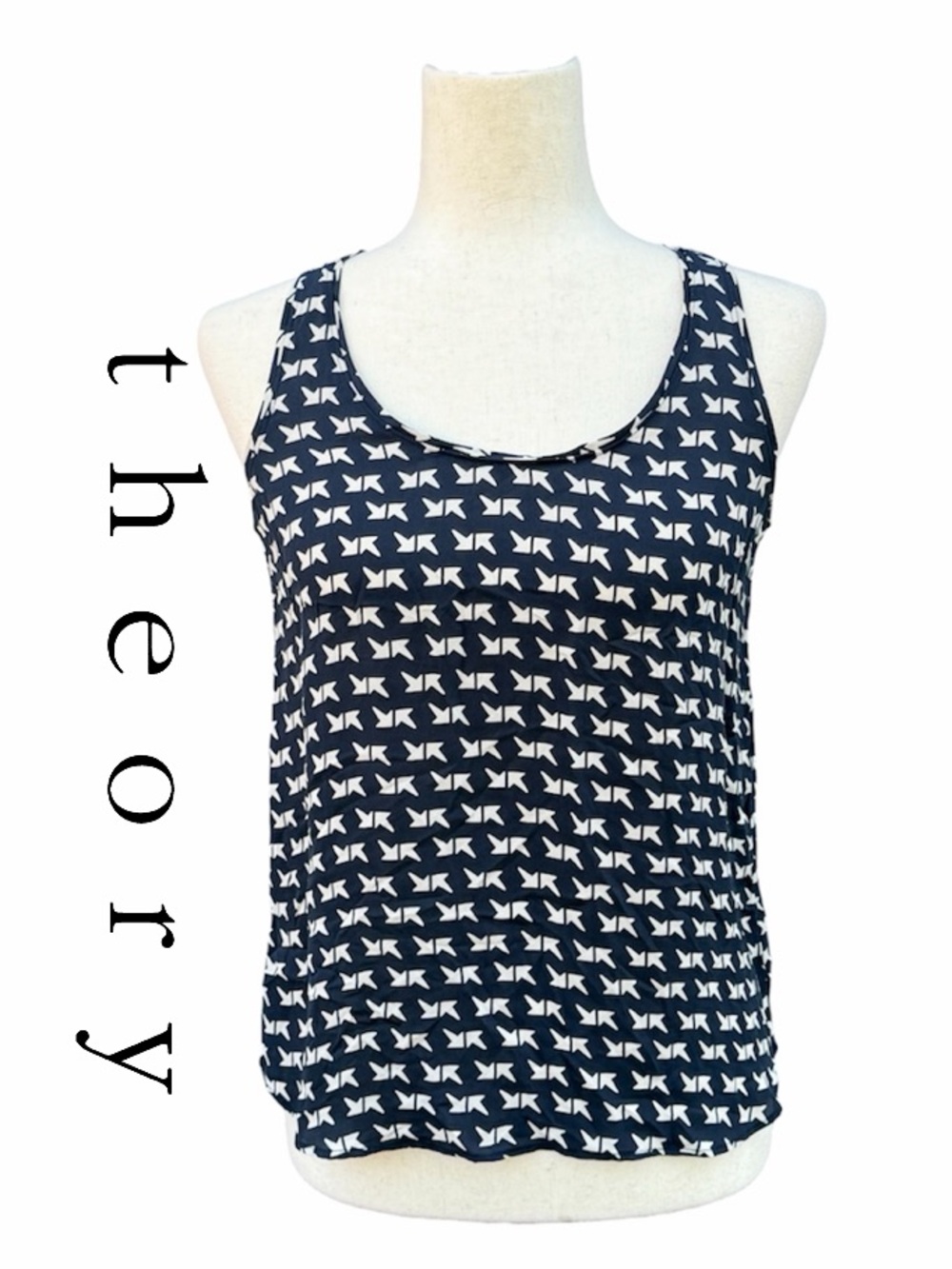 Theory 100% silk Isaac Navy and White Abstract Printed Scoop Tank Blouse Small